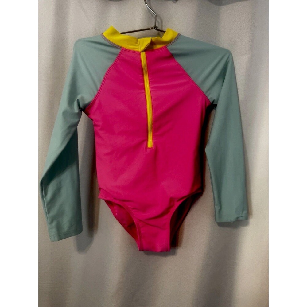 Reesy Chelly Girls Colorblock Long Sleeve One Piece Swimsuit Pink Yellow 7/8